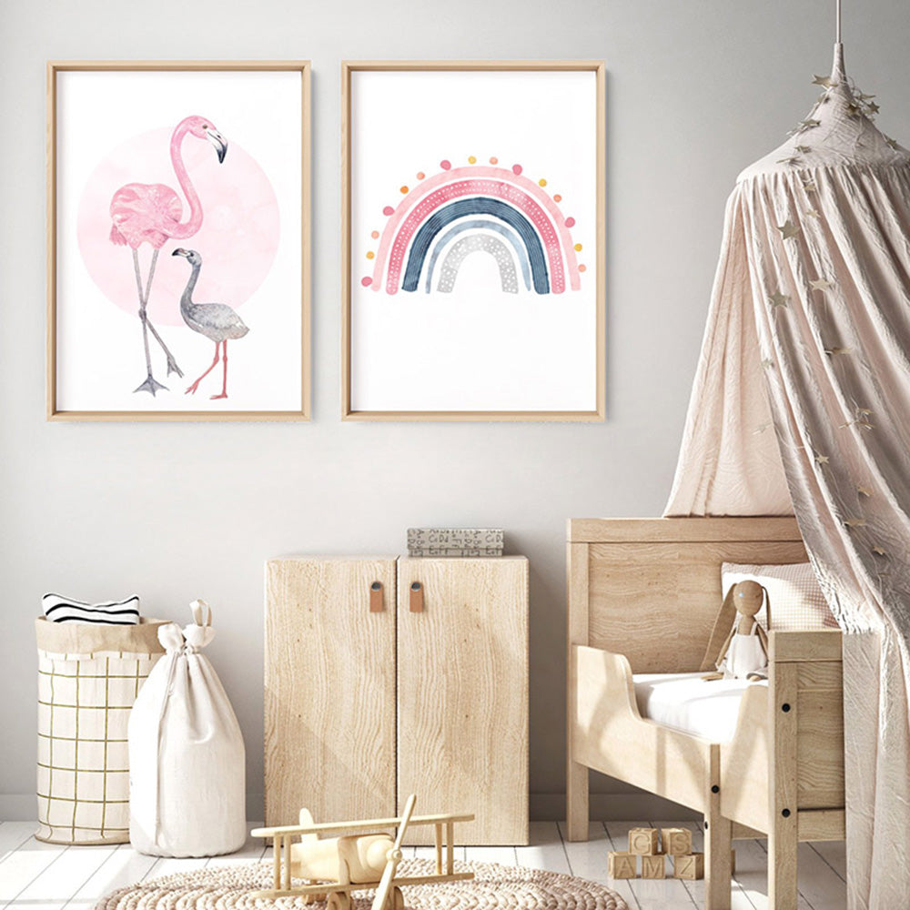 Flamingo Mother & Baby in Watercolours - Art Print, Poster, Stretched Canvas or Framed Wall Art, shown framed in a home interior space
