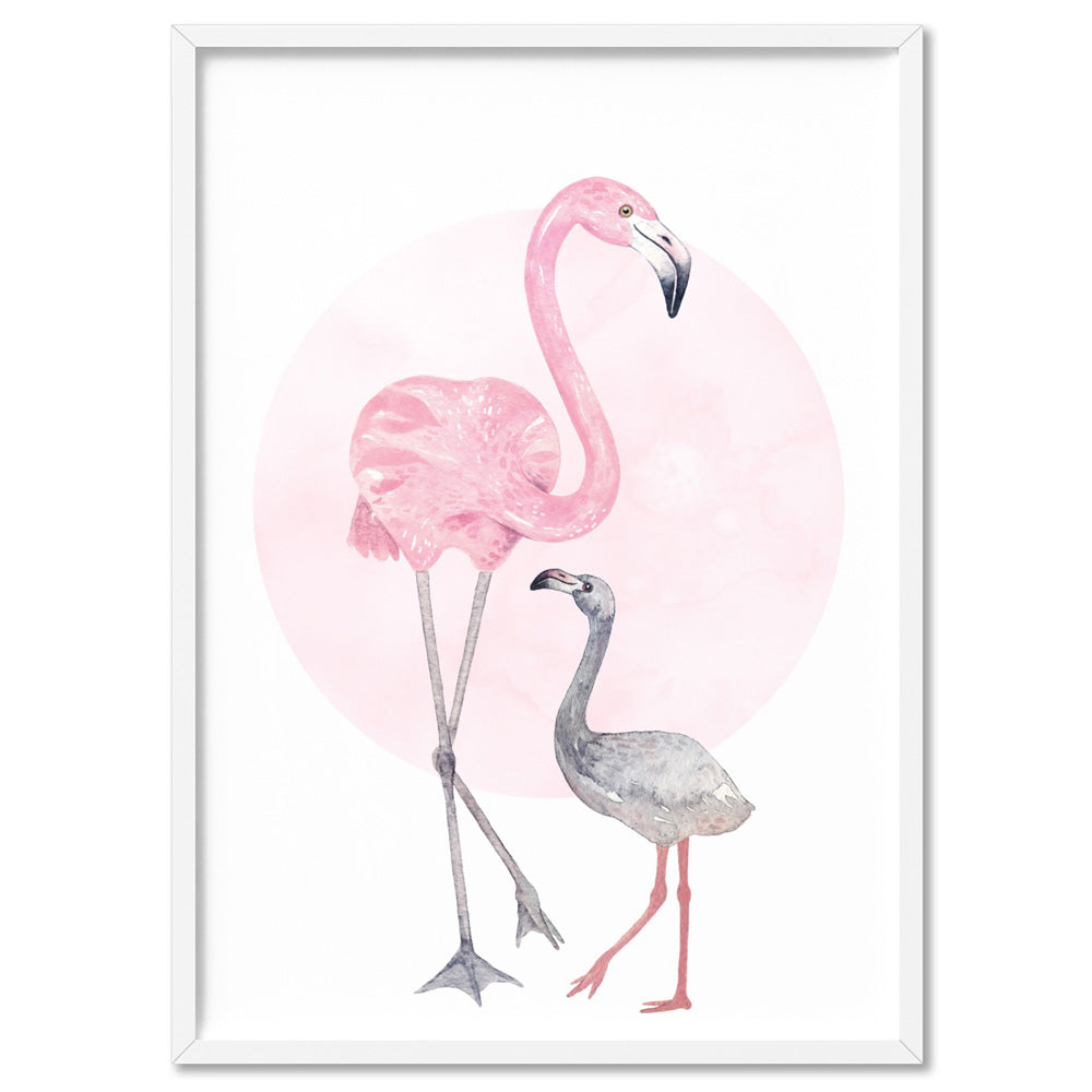 Flamingo Mother & Baby in Watercolours - Art Print, Poster, Stretched Canvas, or Framed Wall Art Print, shown in a white frame