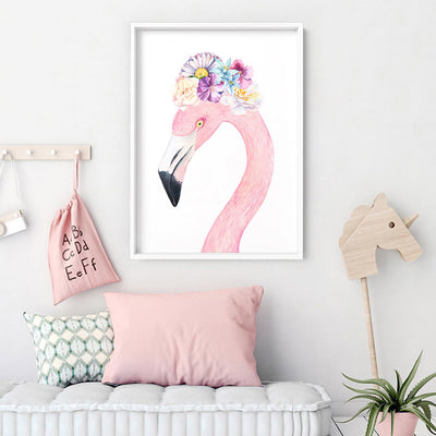 Flamingo in Floral Crown, Watercolours - Art Print, Poster, Stretched Canvas or Framed Wall Art Prints, shown framed in a room