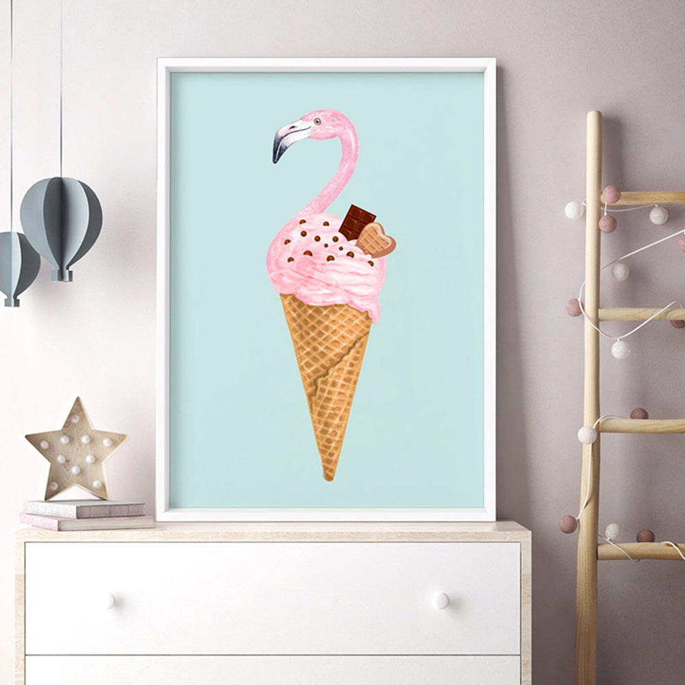 Flamingo Ice Cream Cone - Art Print, Poster, Stretched Canvas or Framed Wall Art Prints, shown framed in a room
