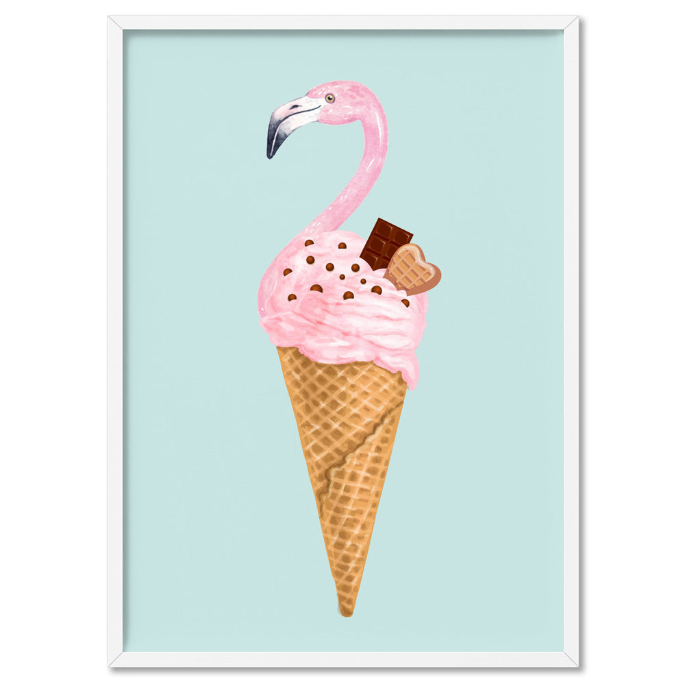 Flamingo Ice Cream Cone - Art Print, Poster, Stretched Canvas, or Framed Wall Art Print, shown in a white frame