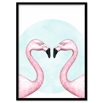 Flamingo Love - Art Print, Poster, Stretched Canvas, or Framed Wall Art Print, shown in a black frame