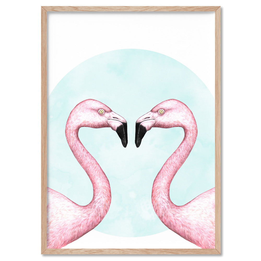 Flamingo Love - Art Print, Poster, Stretched Canvas, or Framed Wall Art Print, shown in a natural timber frame