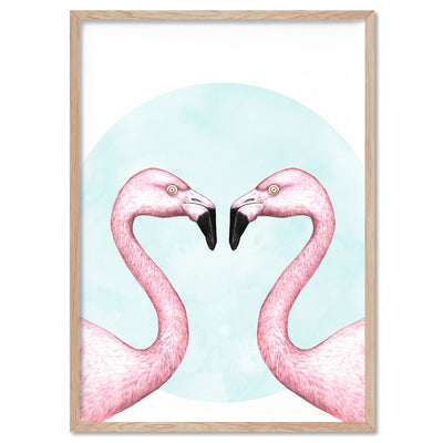 Flamingo Love - Art Print, Poster, Stretched Canvas, or Framed Wall Art Print, shown in a natural timber frame