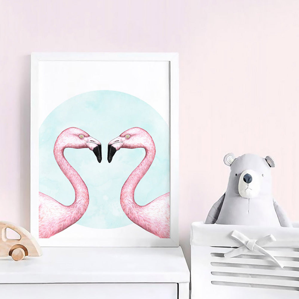 Flamingo Love - Art Print, Poster, Stretched Canvas or Framed Wall Art Prints, shown framed in a room
