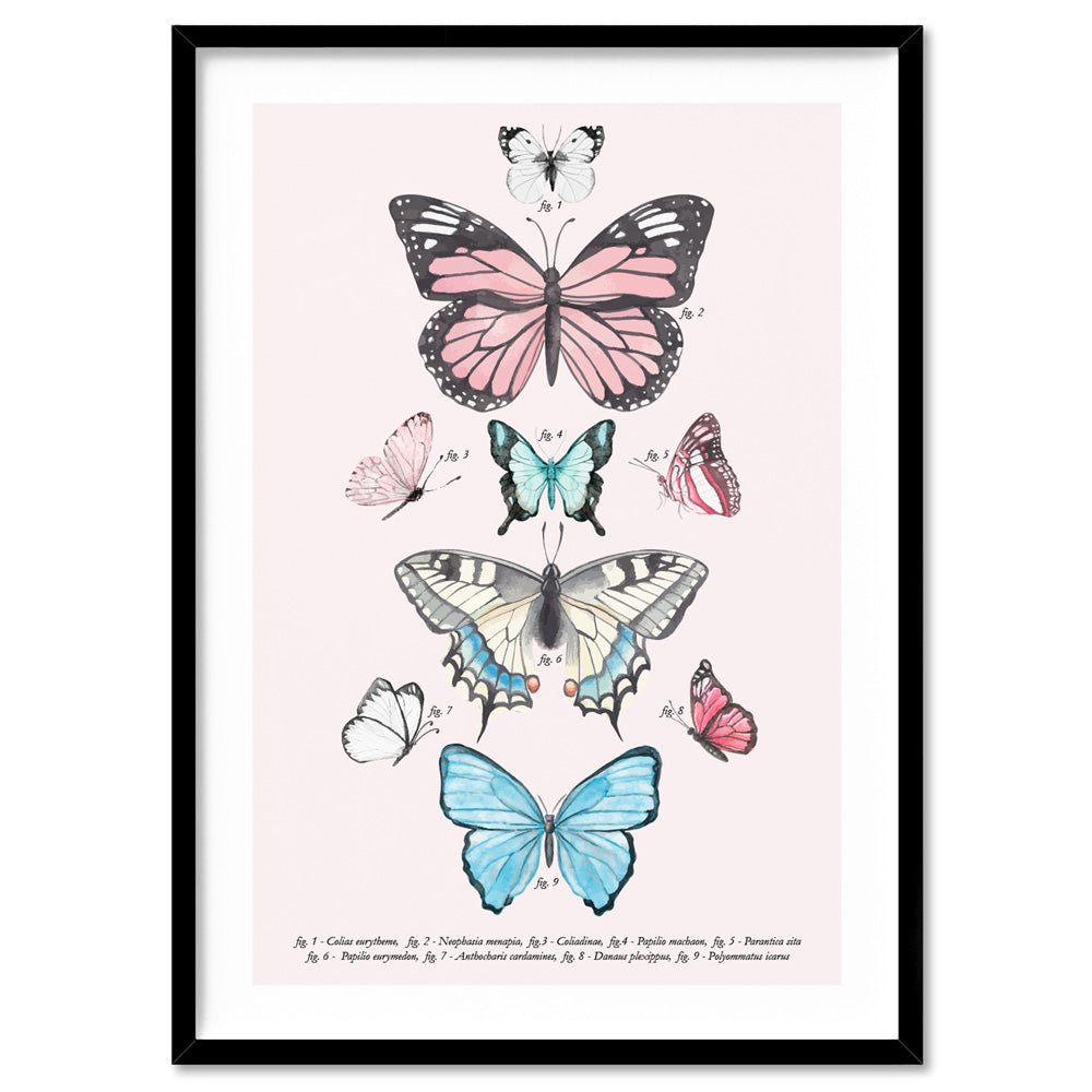 Pastel Boho Butterfly Chart - Art Print, Poster, Stretched Canvas, or Framed Wall Art Print, shown in a black frame