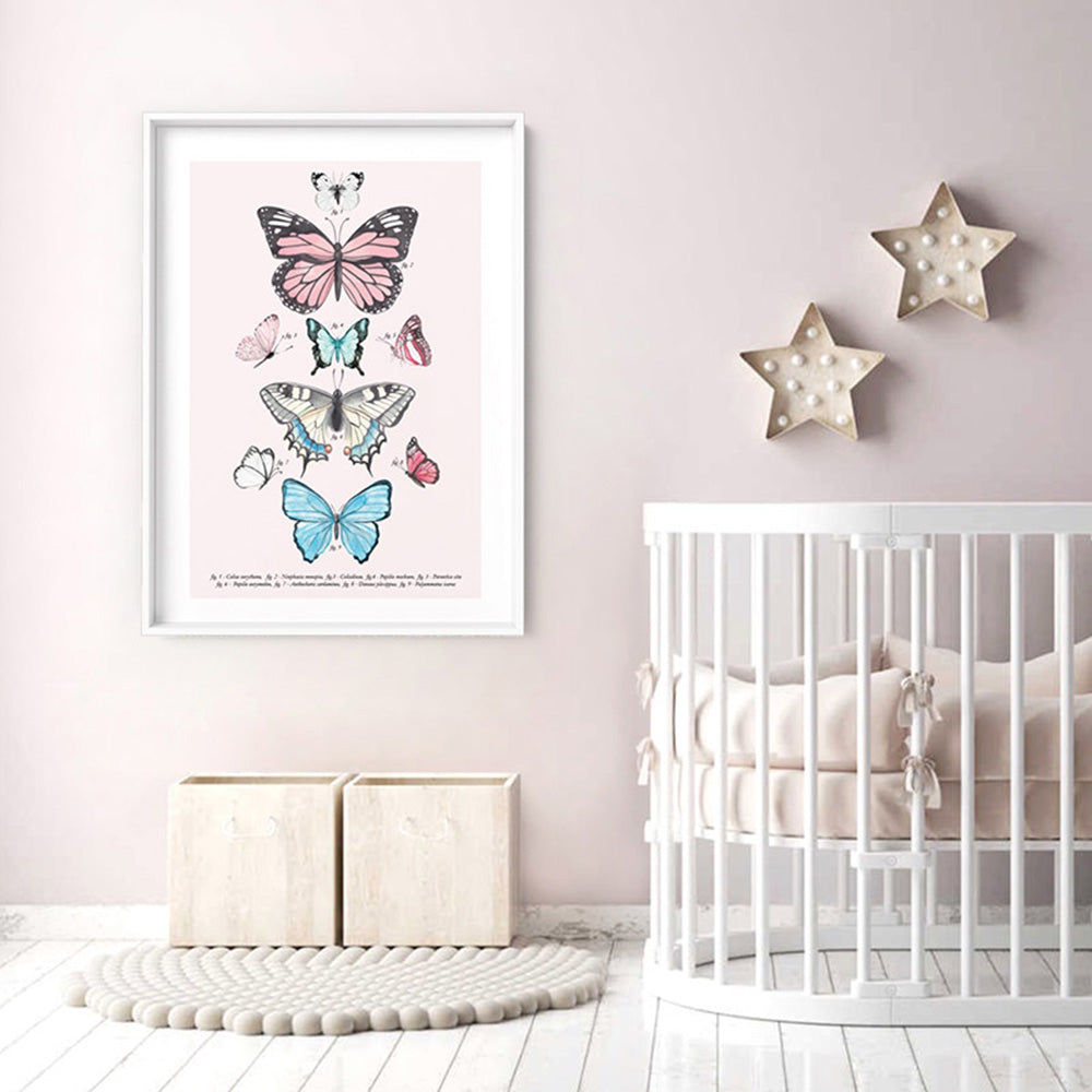 Pastel Boho Butterfly Chart - Art Print, Poster, Stretched Canvas or Framed Wall Art Prints, shown framed in a room