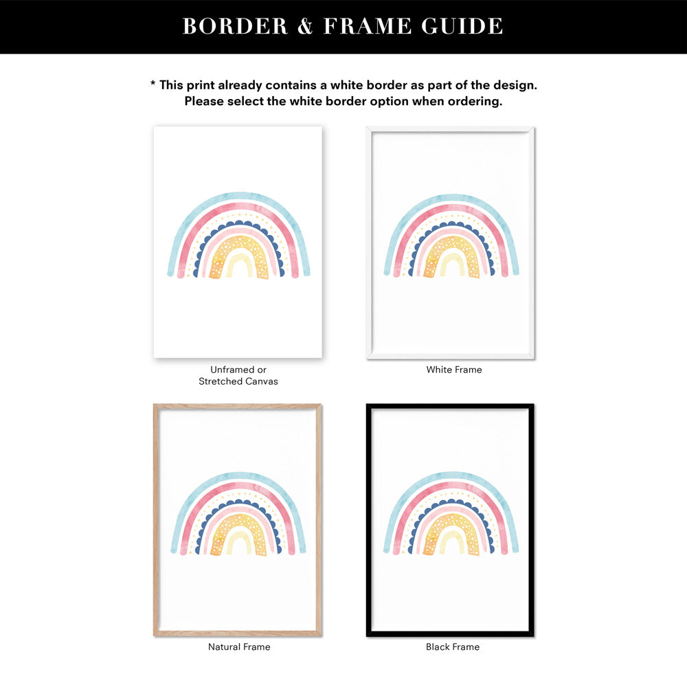 Pastel Bohemian Rainbow II - Art Print, Poster, Stretched Canvas or Framed Wall Art, Showing White , Black, Natural Frame Colours, No Frame (Unframed) or Stretched Canvas, and With or Without White Borders