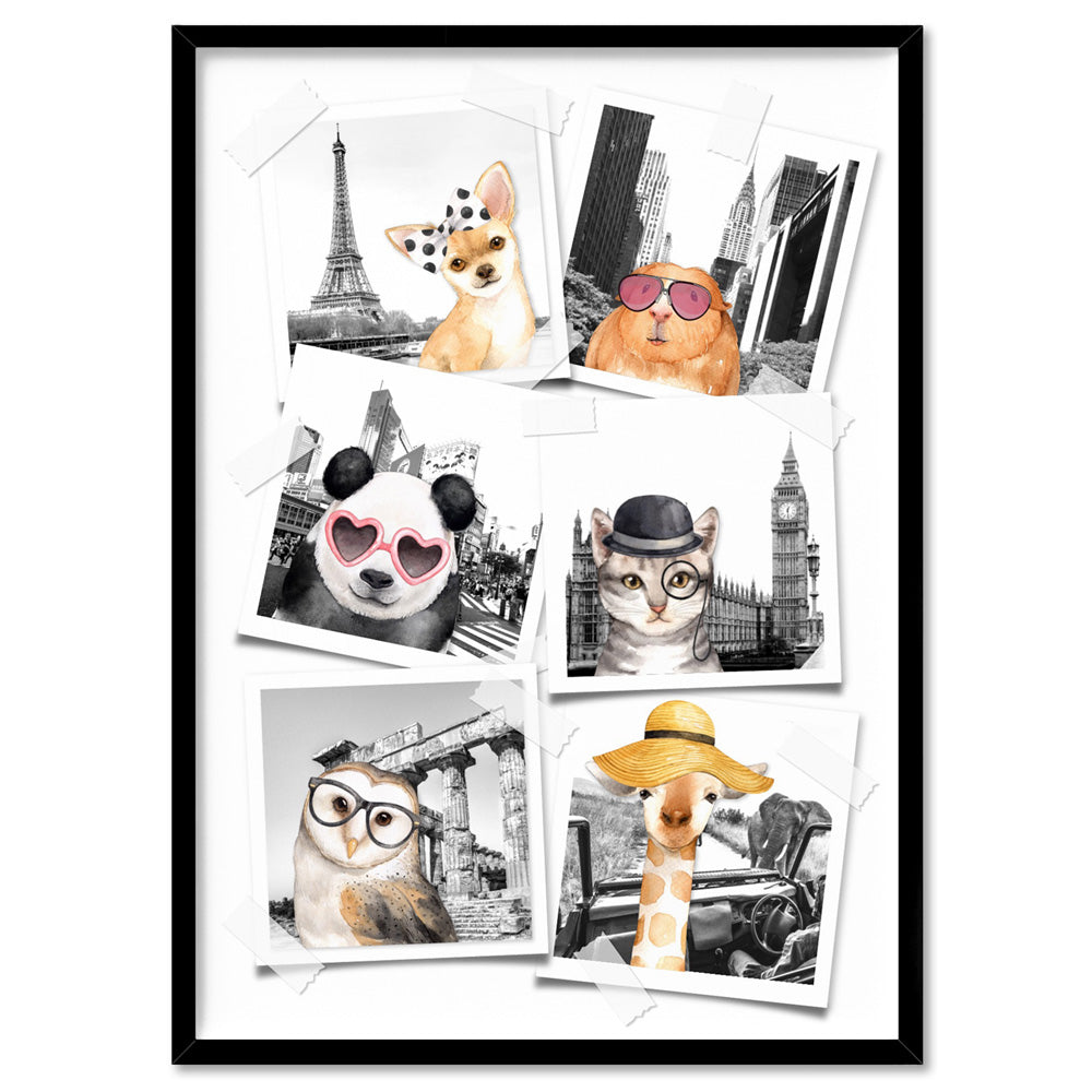 Animal Vacay Selfies Collage - Art Print, Poster, Stretched Canvas, or Framed Wall Art Print, shown in a black frame