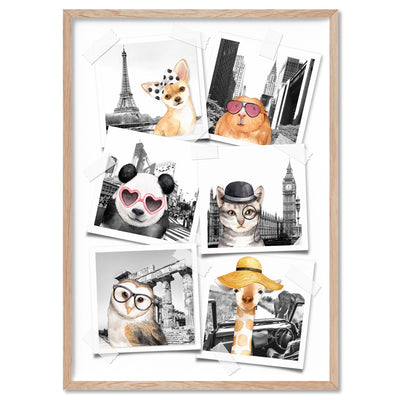 Animal Vacay Selfies Collage - Art Print, Poster, Stretched Canvas, or Framed Wall Art Print, shown in a natural timber frame