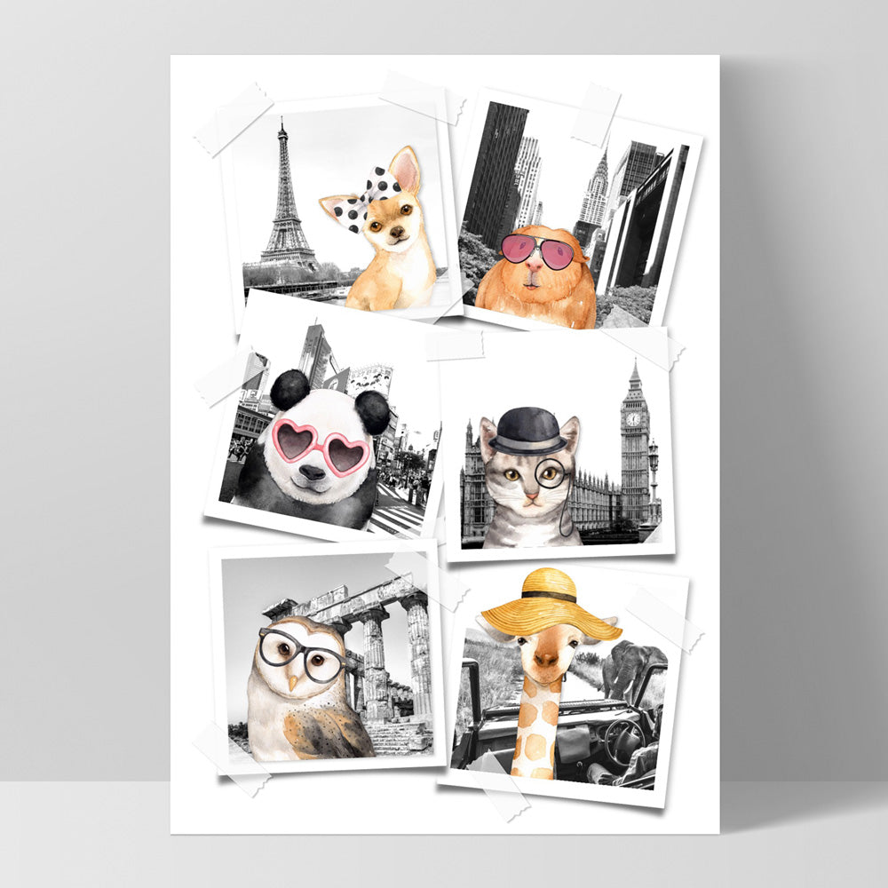 Animal Vacay Selfies Collage - Art Print, Poster, Stretched Canvas, or Framed Wall Art Print, shown as a stretched canvas or poster without a frame