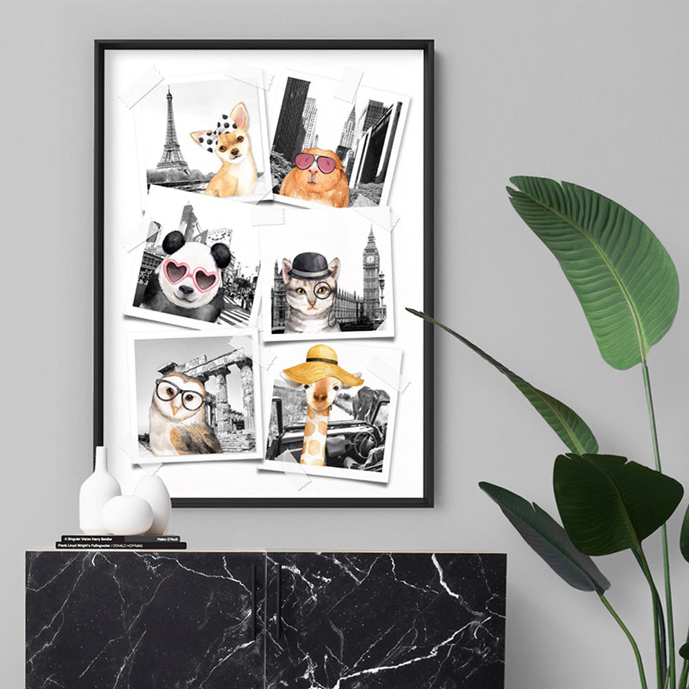 Animal Vacay Selfies Collage - Art Print, Poster, Stretched Canvas or Framed Wall Art Prints, shown framed in a room