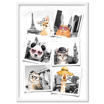 Animal Vacay Selfies Collage - Art Print, Poster, Stretched Canvas, or Framed Wall Art Print, shown in a white frame