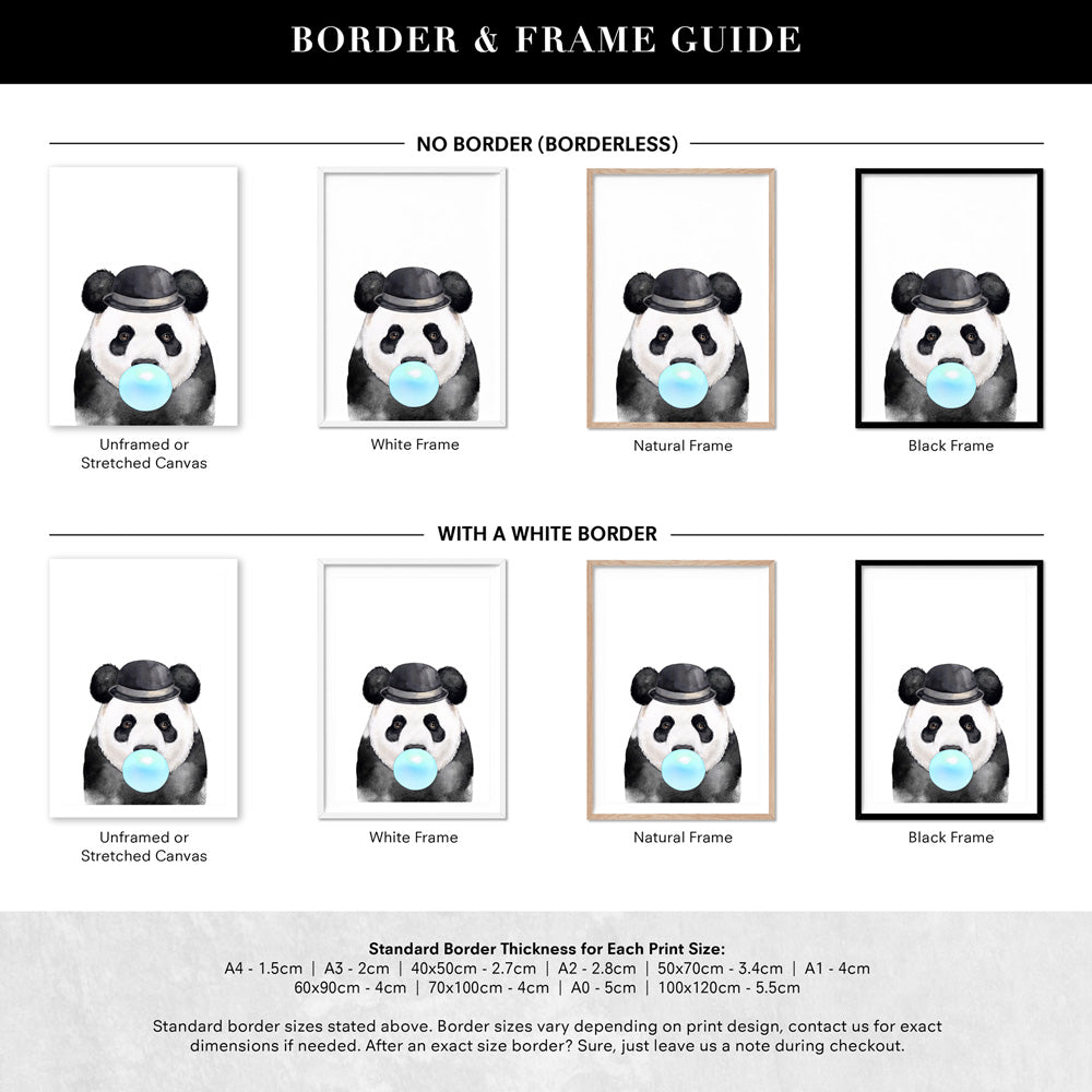 Bubblegum Panda | Blue Bubble - Art Print, Poster, Stretched Canvas or Framed Wall Art, Showing White , Black, Natural Frame Colours, No Frame (Unframed) or Stretched Canvas, and With or Without White Borders