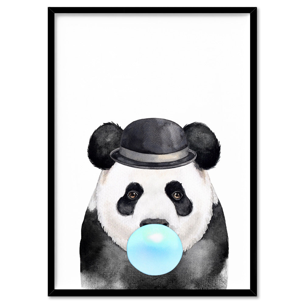 Bubblegum Panda | Blue Bubble - Art Print, Poster, Stretched Canvas, or Framed Wall Art Print, shown in a black frame