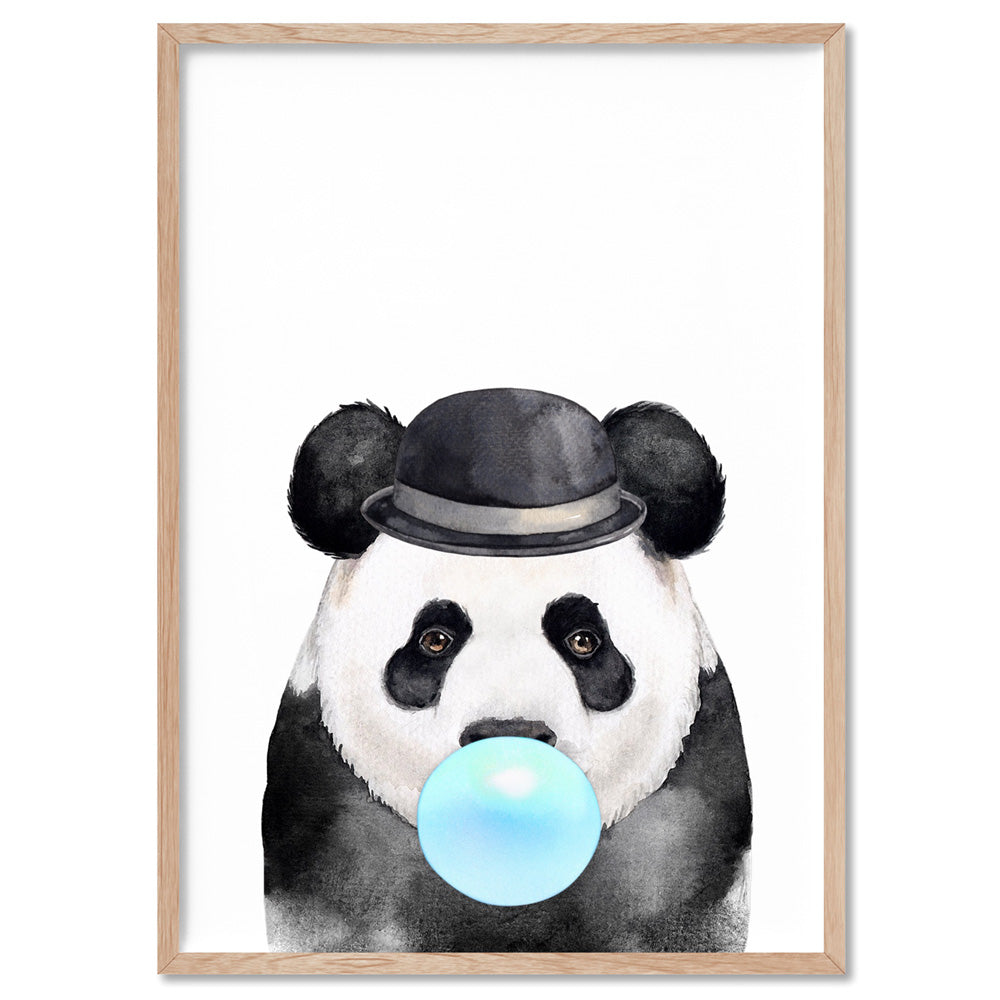 Bubblegum Panda | Blue Bubble - Art Print, Poster, Stretched Canvas, or Framed Wall Art Print, shown in a natural timber frame