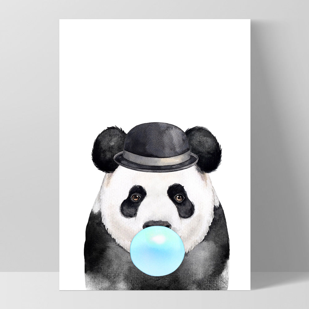 Bubblegum Panda | Blue Bubble - Art Print, Poster, Stretched Canvas, or Framed Wall Art Print, shown as a stretched canvas or poster without a frame