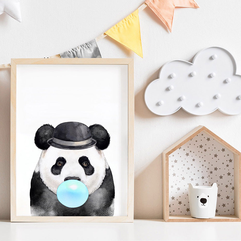 Bubblegum Panda | Blue Bubble - Art Print, Poster, Stretched Canvas or Framed Wall Art Prints, shown framed in a room