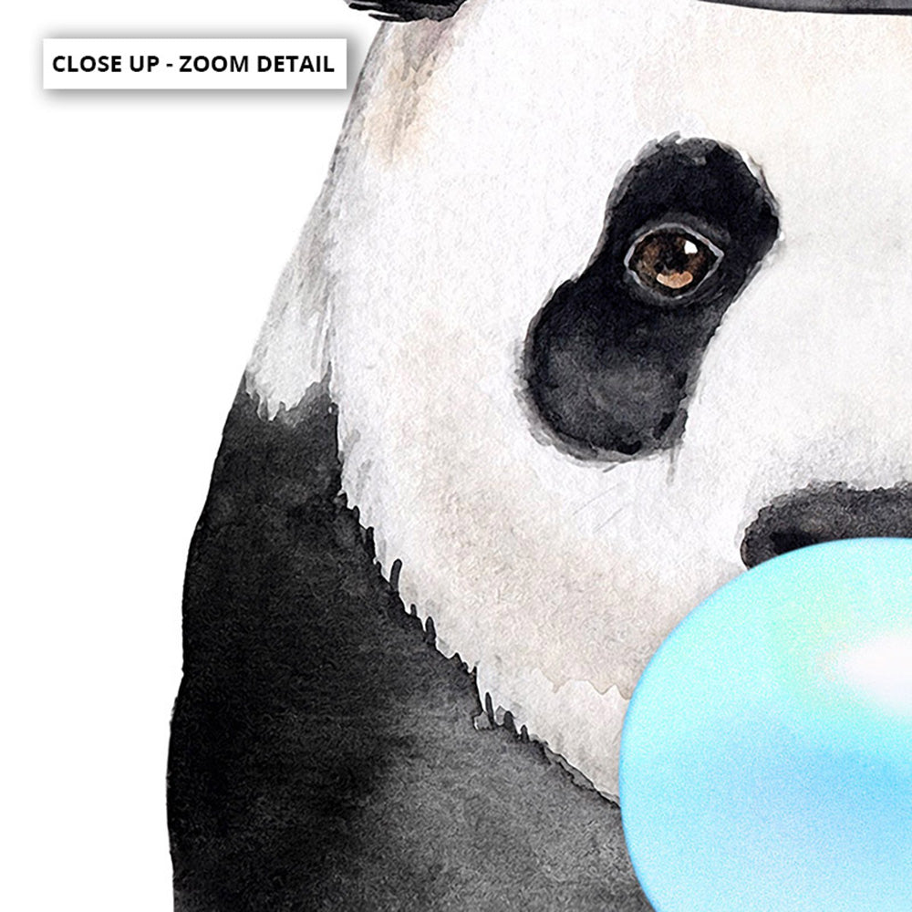 Bubblegum Panda | Blue Bubble - Art Print, Poster, Stretched Canvas or Framed Wall Art, Close up View of Print Resolution