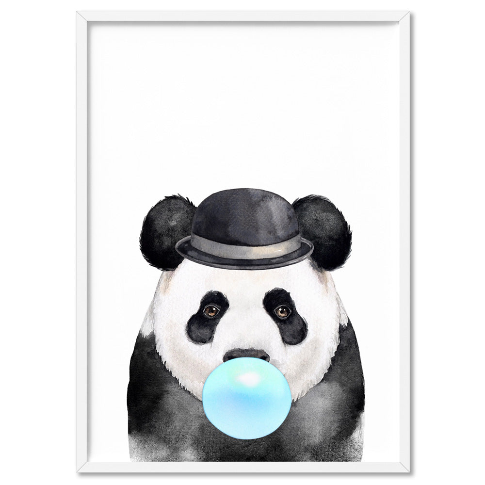 Bubblegum Panda | Blue Bubble - Art Print, Poster, Stretched Canvas, or Framed Wall Art Print, shown in a white frame