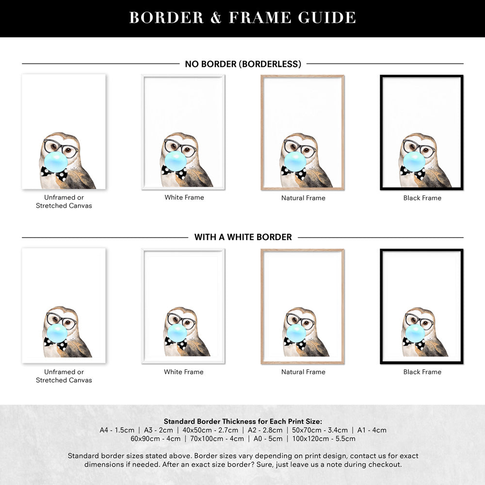 Bubblegum Wise Owl | Blue Bubble - Art Print, Poster, Stretched Canvas or Framed Wall Art, Showing White , Black, Natural Frame Colours, No Frame (Unframed) or Stretched Canvas, and With or Without White Borders