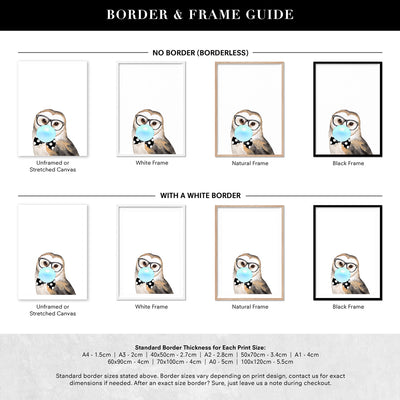 Bubblegum Wise Owl | Blue Bubble - Art Print, Poster, Stretched Canvas or Framed Wall Art, Showing White , Black, Natural Frame Colours, No Frame (Unframed) or Stretched Canvas, and With or Without White Borders