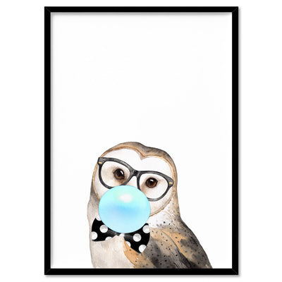 Bubblegum Wise Owl | Blue Bubble - Art Print, Poster, Stretched Canvas, or Framed Wall Art Print, shown in a black frame