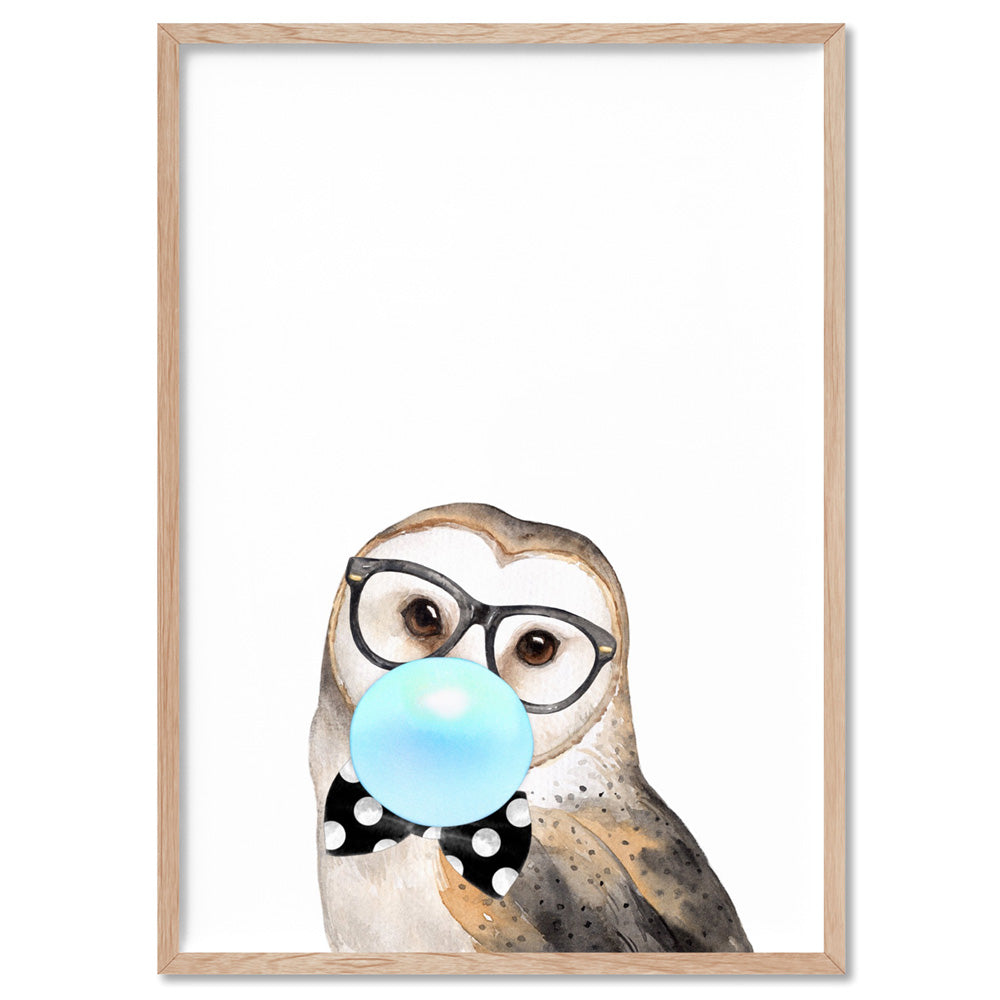Bubblegum Wise Owl | Blue Bubble - Art Print, Poster, Stretched Canvas, or Framed Wall Art Print, shown in a natural timber frame