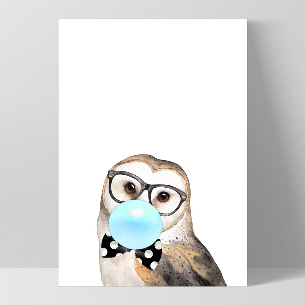Bubblegum Wise Owl | Blue Bubble - Art Print, Poster, Stretched Canvas, or Framed Wall Art Print, shown as a stretched canvas or poster without a frame