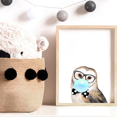 Bubblegum Wise Owl | Blue Bubble - Art Print, Poster, Stretched Canvas or Framed Wall Art Prints, shown framed in a room