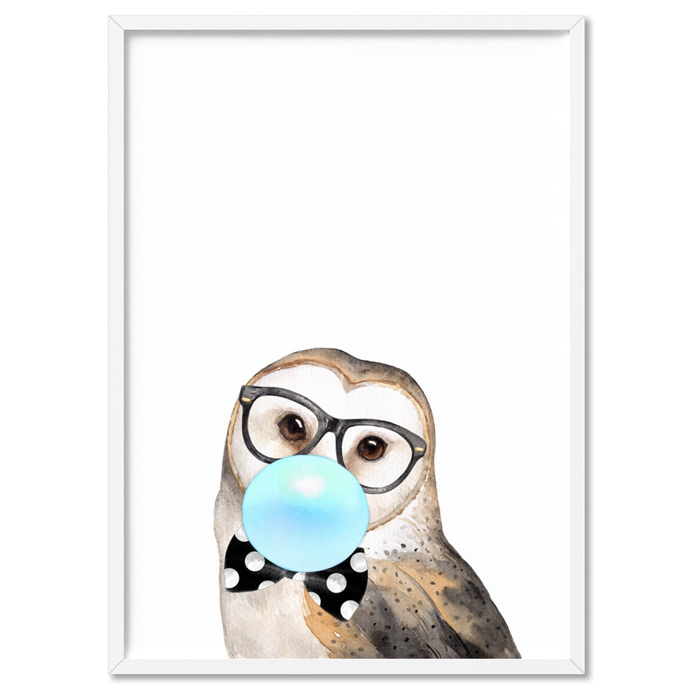 Bubblegum Wise Owl | Blue Bubble - Art Print, Poster, Stretched Canvas, or Framed Wall Art Print, shown in a white frame