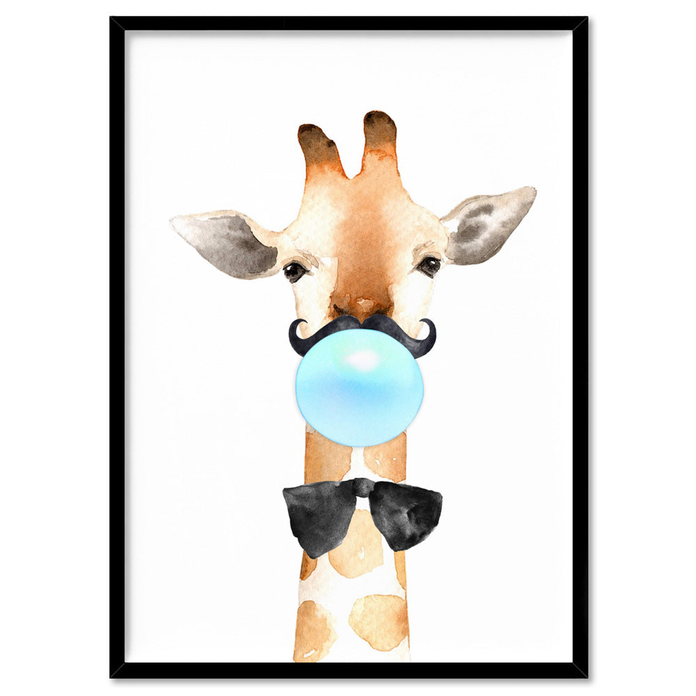 Bubblegum Giraffe Moustache | Blue Bubble - Art Print, Poster, Stretched Canvas, or Framed Wall Art Print, shown in a black frame