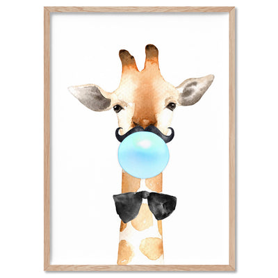 Bubblegum Giraffe Moustache | Blue Bubble - Art Print, Poster, Stretched Canvas, or Framed Wall Art Print, shown in a natural timber frame
