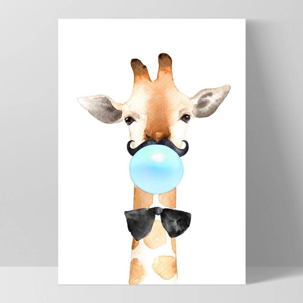 Bubblegum Giraffe Moustache | Blue Bubble - Art Print, Poster, Stretched Canvas, or Framed Wall Art Print, shown as a stretched canvas or poster without a frame