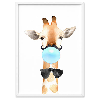 Bubblegum Giraffe Moustache | Blue Bubble - Art Print, Poster, Stretched Canvas, or Framed Wall Art Print, shown in a white frame