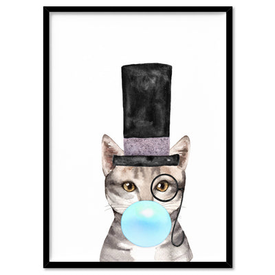 Bubblegum Tabby Top Hat Cat | Blue Bubble - Art Print, Poster, Stretched Canvas, or Framed Wall Art Print, shown in a black frame