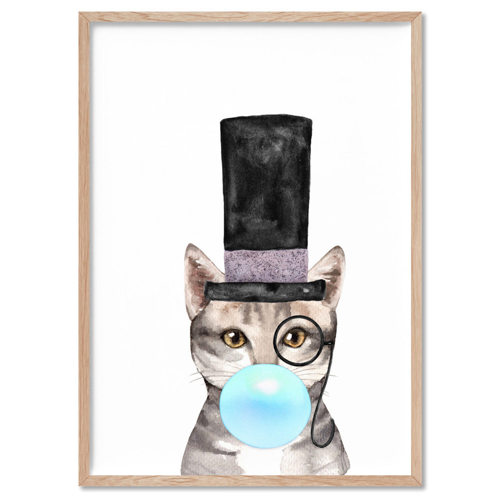 Bubblegum Tabby Top Hat Cat | Blue Bubble - Art Print, Poster, Stretched Canvas, or Framed Wall Art Print, shown in a natural timber frame