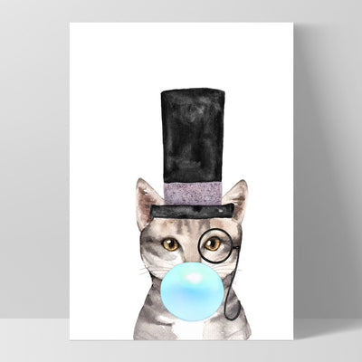 Bubblegum Tabby Top Hat Cat | Blue Bubble - Art Print, Poster, Stretched Canvas, or Framed Wall Art Print, shown as a stretched canvas or poster without a frame