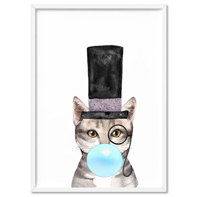 Bubblegum Tabby Top Hat Cat | Blue Bubble - Art Print, Poster, Stretched Canvas, or Framed Wall Art Print, shown in a white frame