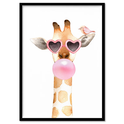 Bubblegum Giraffe Sunnies | Pink Bubble - Art Print, Poster, Stretched Canvas, or Framed Wall Art Print, shown in a black frame