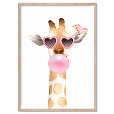 Bubblegum Giraffe Sunnies | Pink Bubble - Art Print, Poster, Stretched Canvas, or Framed Wall Art Print, shown in a natural timber frame