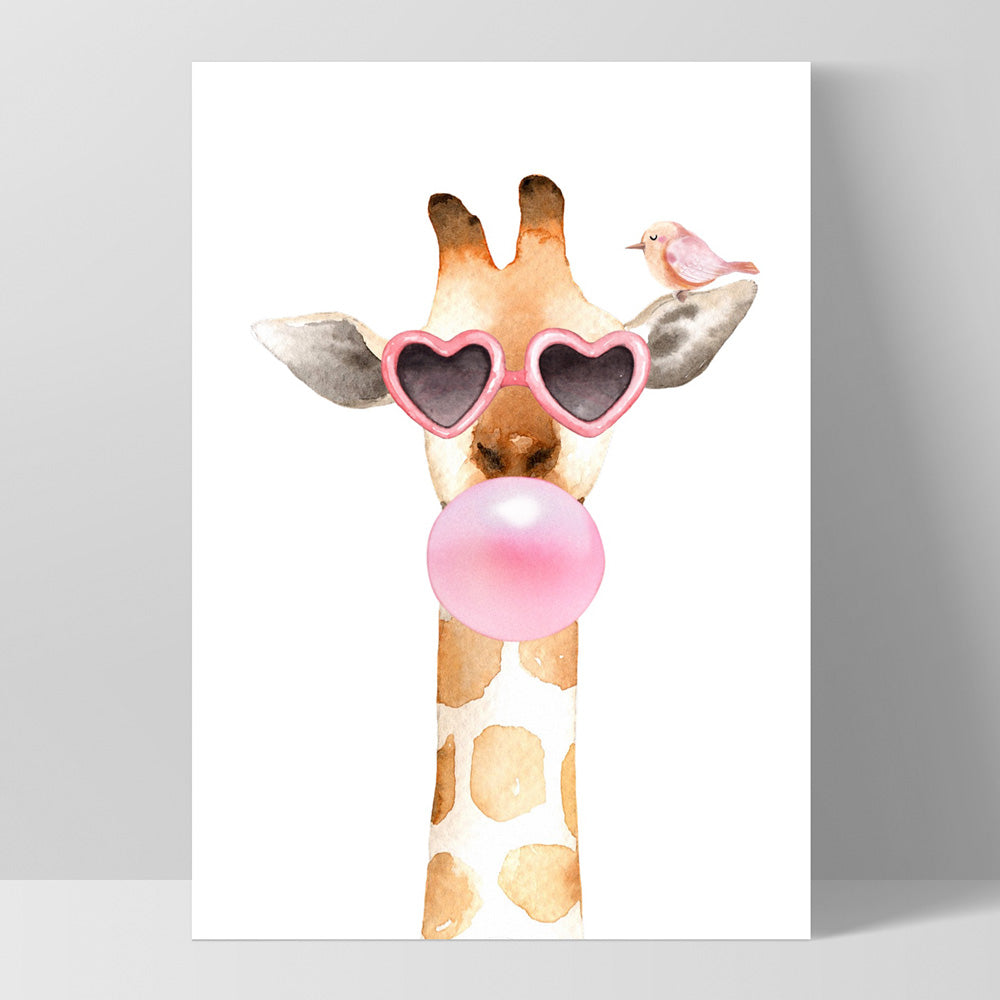 Bubblegum Giraffe Sunnies | Pink Bubble - Art Print, Poster, Stretched Canvas, or Framed Wall Art Print, shown as a stretched canvas or poster without a frame