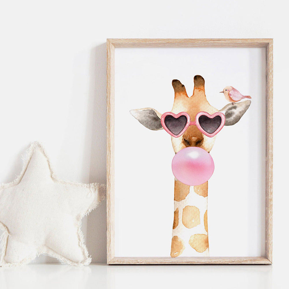 Bubblegum Giraffe Sunnies | Pink Bubble - Art Print, Poster, Stretched Canvas or Framed Wall Art Prints, shown framed in a room