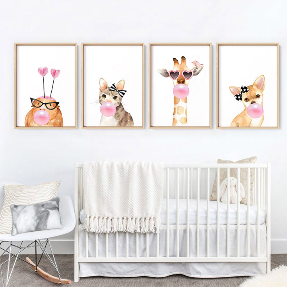 Bubblegum Giraffe Sunnies | Pink Bubble - Art Print, Poster, Stretched Canvas or Framed Wall Art, shown framed in a home interior space