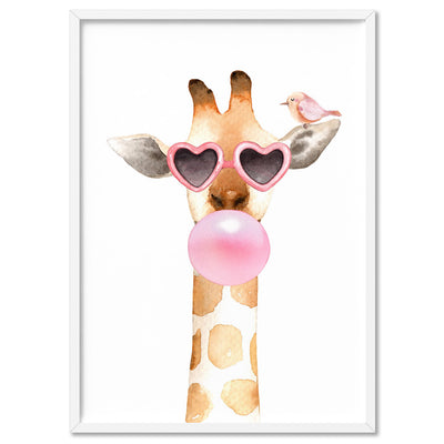 Bubblegum Giraffe Sunnies | Pink Bubble - Art Print, Poster, Stretched Canvas, or Framed Wall Art Print, shown in a white frame