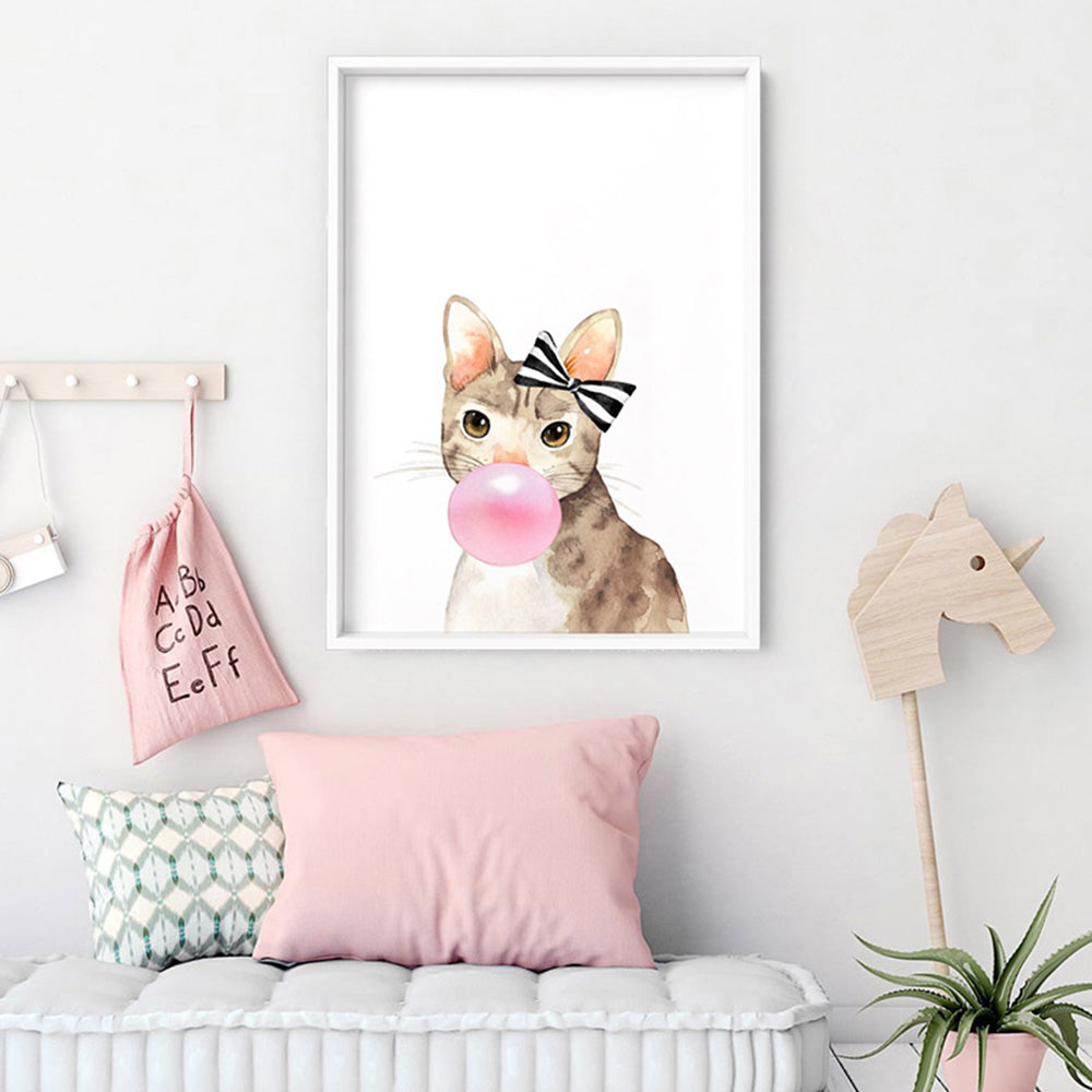 Bubblegum Kitty Cat Stripe Bow | Pink Bubble - Art Print, Poster, Stretched Canvas or Framed Wall Art Prints, shown framed in a room