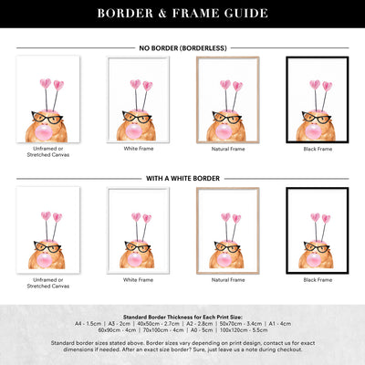 Bubblegum Guinea Pig Retro Sunnies | Pink Bubble - Art Print, Poster, Stretched Canvas or Framed Wall Art, Showing White , Black, Natural Frame Colours, No Frame (Unframed) or Stretched Canvas, and With or Without White Borders
