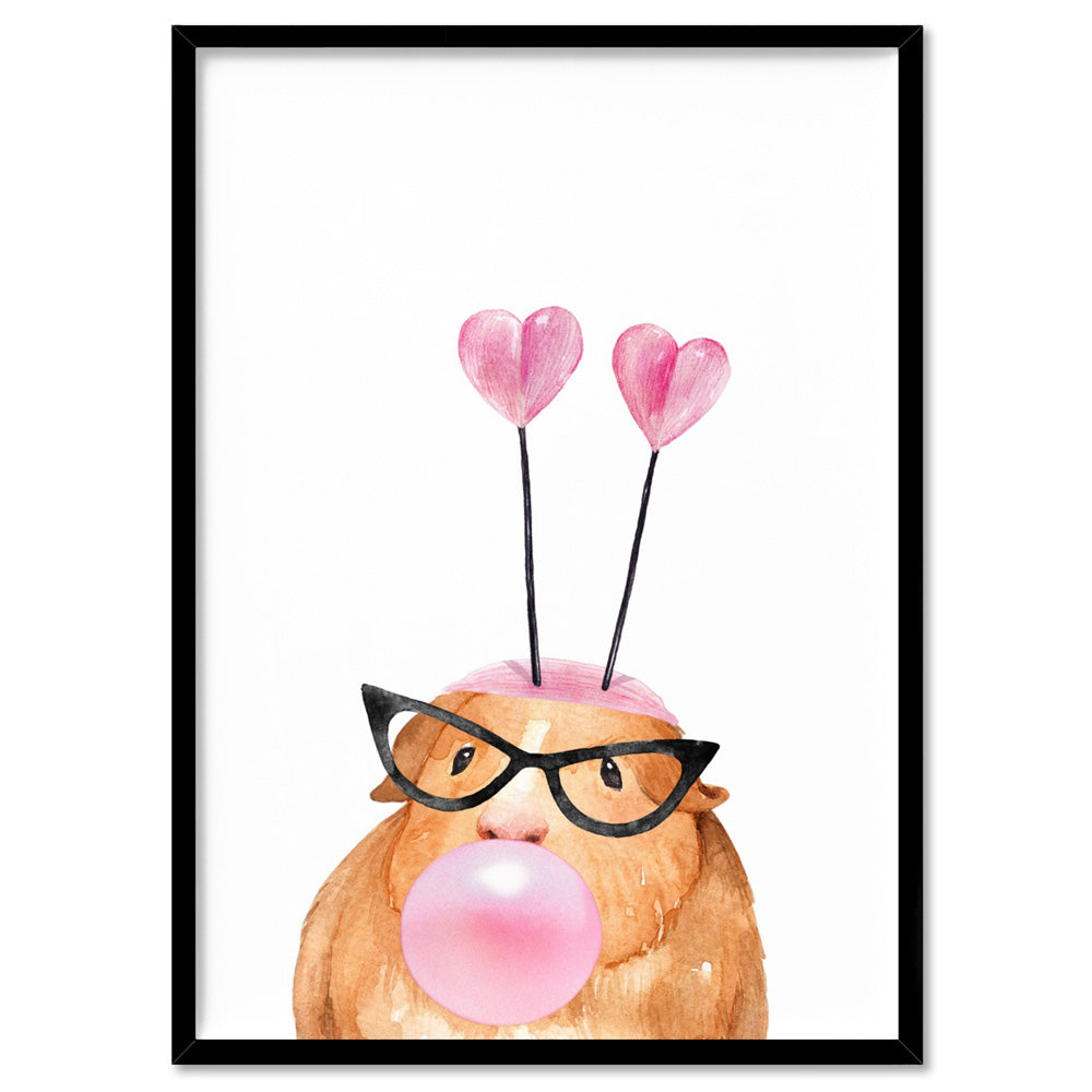 Bubblegum Guinea Pig Retro Sunnies | Pink Bubble - Art Print, Poster, Stretched Canvas, or Framed Wall Art Print, shown in a black frame