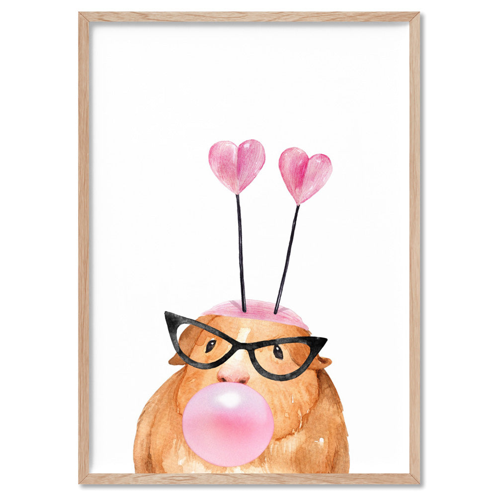 Bubblegum Guinea Pig Retro Sunnies | Pink Bubble - Art Print, Poster, Stretched Canvas, or Framed Wall Art Print, shown in a natural timber frame