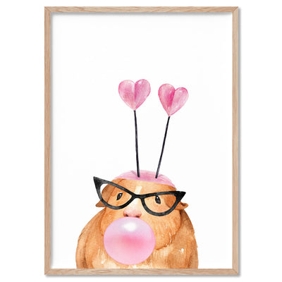 Bubblegum Guinea Pig Retro Sunnies | Pink Bubble - Art Print, Poster, Stretched Canvas, or Framed Wall Art Print, shown in a natural timber frame